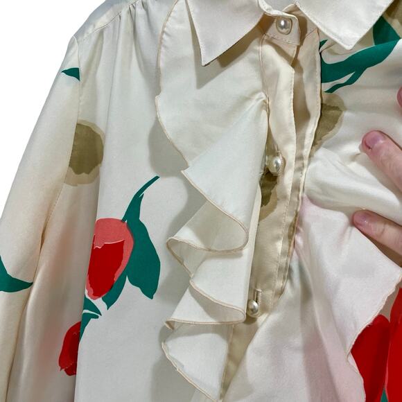 Vintage 70s Wilroy Traveler Brownstone Studio Ruffle Floral Button Collared Top - Picture 6 of 10